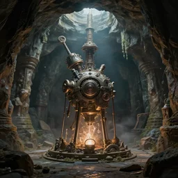 deep underground, within a long - forgotten dwarven sanctuary, exists a mechanical contraption that coverts magic into life, digital art, artstation, hyper detailed,