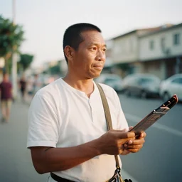 golden hour street musician portrait photographed with analog medium format fuji gw 6 9 0 in new york, 1 9 6 0 s film street photography, vintage expired colour film bokeh photograph