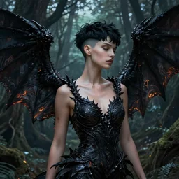 a beautiful cinematic sexy seraphim, black dragon wings slightly burnt, fantasy forest landscape, fantasy magic, undercut hairstyle, short neon black fade hair, dark light night, intricate, elegant, sharp focus, illustration, highly detailed, digital painting, concept art, matte, art by WLOP and Artgerm and Greg Rutkowski and Alphonse Mucha, masterpiece