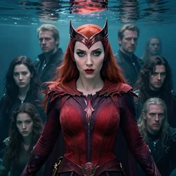 A fancy portrait of the Scarlet Witch submerged in water by Greg Rutkowski, Sung Choi, Mitchell Mohrhauser, Maciej Kuciara, Johnson Ting, Maxim Verehin, Peter Konig, Bloodborne, 8k photorealistic, cinematic lighting, HD, high details, dramatic, atmospheric , trending on artstation