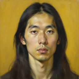 highly detailed oil painting, an asian man, beautiful face by leyendecker, long hair, mustard yellow background, medium portrait, lucian freud, jenny saville