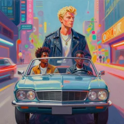 “an award winning hyper realistic futuristic painting of a tall blond man and a dark haired man driving in an old timer car, the background flashing by in a colourful flurry.”