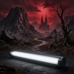 wide angle image, hellish abandoned background landscape, massive rotten mountains, winding path leading to a gothic cathedral in the distance,, haunted, haunting, dead trees, stormy red sky, horror, unsettling, fluorescent light, product photography, by gaston bussiere, craig mullins, j. c. leyendecker