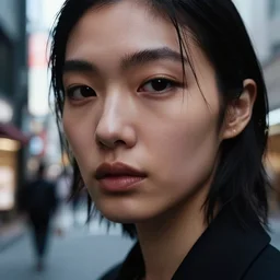 close up of face of female asian fashion model, in tokio streets, photo by emily soto, dramatic lighting, highly detailed