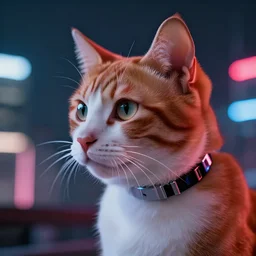 closeup profile shot of neon cybernetic orange/white tabby cat, city lights, strong bokeh, dramatic, cinematic, high contrast, octane render, cgsociety, artstation, 4k