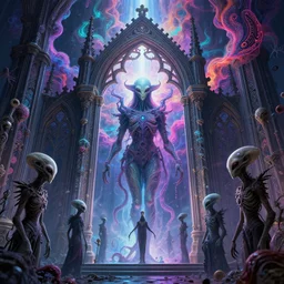 [ palate ] [ gothic colors ] alien soul spirits congregating in front of an intricate giant gothic gateway, deity spirit at the gate, vibrant neon nebulous clouds, paisley pattern synapse clouds, symmetrical details, hyper realistic illustration, radiant light rays, photorealistic illustration, intricate and fine details, volumetric lighting, artstation