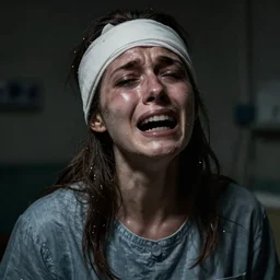 a portrait of a female mental asylum hospital patient ripped with pain and anguish and terror, crying, torn, extreme sadness, hopeless, bandaged head and face, very dark, depressing, grim, moody, atmospheric lighting, cinematic lighting, by nicola samori and dave mckean