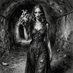ink drawing of zombie woman standing alone in a tunnel holding a heart by hieronymus bosch hyper realistic, dark fantasy detailed, high definition insanely detailed, bitter super - resolution microscopy dark lighting, x - ray black and white