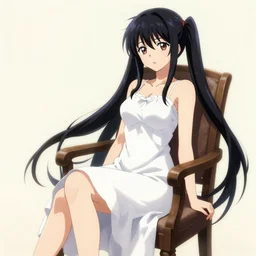 a woman in a white dress sitting on a chair, concept art by nagasawa rosetsu, trending on pixiv, computer art, official art, anime, booru, black hair, twintails, hestia danmachi