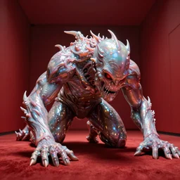 hyperrealistic humanoid monster with pearlescent skin crawling out of a red room dramatic lighting on one side wide angle 35mm shallow depth of field 8k