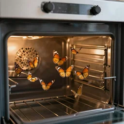 butterflies flying out of an oven