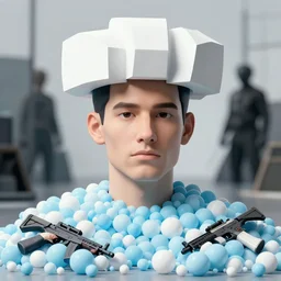 a self portrait by the artist kelbv, in distinct hyper political style with cuboids neatly curving above his head, and ransacked bodies filled with light blue and white spheroids, perfect bright studio lighting against a backdrop of a still from a spy movie.