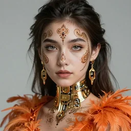 a stunning ultra detailed fantasy fine art portrait photo of a girl wearing orange feather dress, by tom bagshaw, artgerm and natalie shau, henna tattoos on the face, paisley designs, 5 0 mm lens, deep depth of field, perfect eyes and face, soft lighting, gold cybernetic implants, artstation, 8 k, cyberpunk
