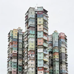 towers made up of suspended brutalist squatter shacks with pastel colours, mamiya, 8 5 mm, uniform plain sky, fine details, photographed by uta barth and hiroshi sugimoto