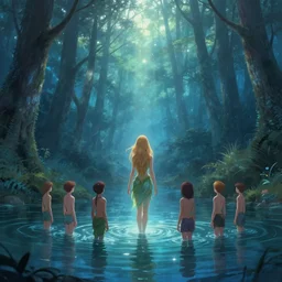 forest nymph rising from the water. view from behind, wide angle view, back view. nuri iyem, james gurney, james jean, greg rutkowski, anato finnstark, emma watson. trending on artstation, starlight, and enchanted dreams