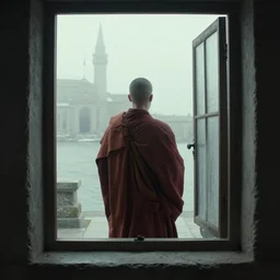 a monk standing behind a window, waiting to enter Valhalla