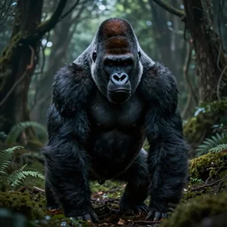 demonic gorilla in magical forest, dark atmosphere, high detail, soft lighting