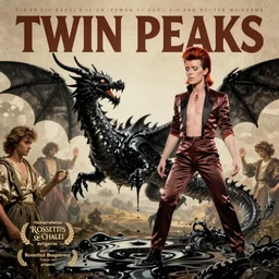 twin peaks poster art, david bowie finds the black dragon made of ferrofluid, viscous, sticky by michael whelan, rossetti bouguereau, artgerm, retro, nostalgic, old fashioned