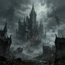 haunted gothic horror lovecraftian city, swirling smoke and mist, ultrarealistic, intricate detail, finely detailed, small details, extra detail, high resolution, volumetric lighting, octane render, 8 k
