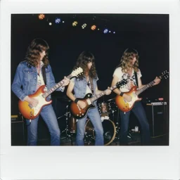 Heavy blues rock concert, long shaggy-haired rockers, wearing denim, 1972, super 8mm, Polaroid