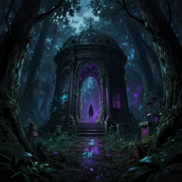 a beautiful detailed anime illustration of chamber urbex by ilya kuvshinov, evil at night at dusk anime darkacademia rainforest neon noir magic realism nightvision landscape fisheye, archdaily, wallpaper, highly detailed, trending on artstation.