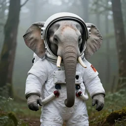 giant elephant wearing white spacesuit with oversized helmet as astronaut animal, in the woods, foggy mood, overcast bokeh, macro shot - c 1 2