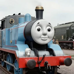 WW2 era photograph of a Schwere-Gustav from WW2 with with face of Thomas the Tank Engine