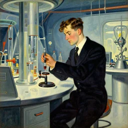 man in futurist lab, 6 0 s ´ s design, leyendecker style
