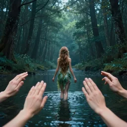 forest nymph rising from the water. view from behind, wide angle view, back view. nuri iyem, james gurney, james jean, greg rutkowski, anato finnstark. trending on artstation, starlight, and enchanted dreams. instagram photo shoot, sigma 3 5 mm, award winning photography, perfect hands, corrected hands