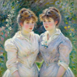 a portrait of two women!!! who are lovers!! by Claude Monet!!! in french gardens! oil painting, romantic