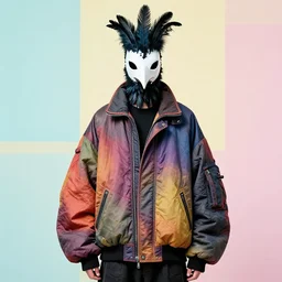 model in plastic bird mask with feathers wearing baggy colorful 9 0 s jacket by rick owens. magazine ad. pastel brutalist background.