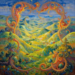 deepdream fractals. unreal engine, blender render, unity demo, nvidia amd graphics demo. an expressive oil painting of an ornate landscape. mythical rolling hills. beautiful scenery. by thomas kinkade, greg rutkowski, james gurney. masterpiece, 8 k, octane render, vivid, highly detailed.