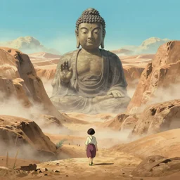 a movie still from a studio ghibli movie showing a highly detailed landscape with a giant living buddha walking a valley in the desert. misty, depth perception, 4 k