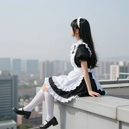Lady in a black and white maid dress with long hair, she is sitting on the roof of a skyscraper and looking at the horizon of a large city. Fantasy and concept art by masamune shirow