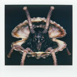 beautiful, award winning photo of a azathoth,, a bivalve shell supported by several pairs of flexible legs with several articulated cylinders with polyp - like appendages at their tips rising from the half - open shell, and within the shell a hideous beast mouthless face, with deeply sunken eyes and covered with shining black hair, hyperealistic detailed photography polaroid, 5 0 mm lens, motion blur, grainy image