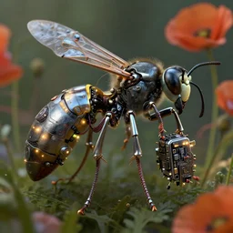 3D render of intricate wasp, cyberpunk cyborg wasp, shiny textured plastic shell, titanium, wires, pinned joints, glowing LEDs, cables, antennae, circuitry, chips, capacitors, dramatic lighting, highly detailed digital painting by H.R. Giger and WLOP and Jeffrey Smith, background natural flower, poppies, foliage, octane engine render 8k HDR