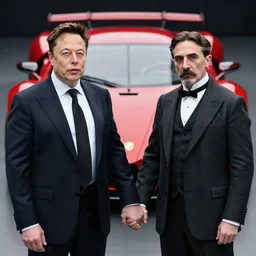 elon musk and nikola tesla holding hands in front of a futuristic red sports car, hyper - realistic, photorealistic, sharp focus, depth of field, insanely detailed, in colors, dramatic, in the style of kelly freas