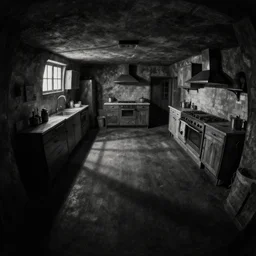 volumetric shadows, volumetric lighting, black goya painting of underground, basement, fisheye, curved perspective, naive, extra narrow, by rhads, a kitchen with large floor