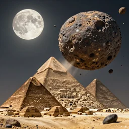 huge asteroid impacting the pyramids, a lot of flying debris, greg rutkowski, 8 k, shallow depth of field, full moon, ultra high detail, concept art,