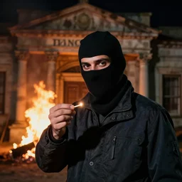 portrait photo still of a man wearing a balaclava holding a match, in front of an old bank on fire at night, 8 k, 8 5 mm f 1. 8