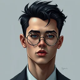 portrait of a cute young man with black hair and round glasses, heart shaped head, detailed face, round gucci glasses, elegant digital art by lise deharme, trending on artstation