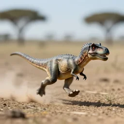 award winning photo by saul leiter of a tiny desaturated dinosaur running in the savannah, motion blur, dusty, tiny gaussian blur, insanely detailed, insanely intricate, depth of field, low contrast, sunny, wide aperture, action photography