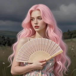 adult female in summer dress art, pastel light pink very long hair, muted colors, matte print, pastel colors, ornate, digital art, digital painting, fan art, elegant, artstation, head is centered, by Ilya Kuvshinov
