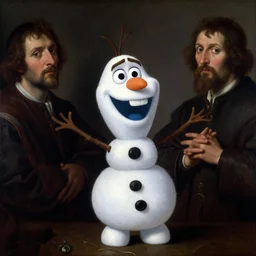 a masterwork portrait of olaf the snowman from frozen in the style of a renaissance painting, insane detail, chiaroscuro oil painting, jan matejko, caravaggio, jan van eyck, trending on artstation, artgerm