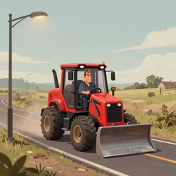 a study of cell shaded cartoon of a preacher with a widows peak haircut driving a tiny red bulldozer on a country road, street lamps, road, illustration, wide shot, subtle colors, post grunge, concept art by josan gonzales and wlop, by james jean, Victo ngai, David Rubín, Mike Mignola, Laurie Greasley, highly detailed, sharp focus, Trending on Artstation, HQ, deviantart, art by artgem