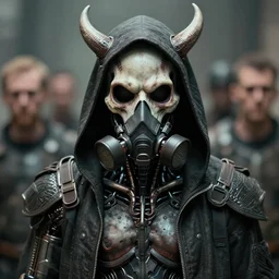front shot of a cyberpunk hooded dead biomechanical demon in gasmask mastermind character, intricate, elegant, highly detailed, centered depth of field. blurred background, (((artstation, concept art, smooth, sharp focus, artgerm, Tomasz Alen Kopera, Peter Mohrbacher, donato giancola, Joseph Christian Leyendecker, WLOP, Boris Vallejo))), mugshot!!!!!, ugly!!!!!!, octane render, nvidia raytracing demo, grainy, muted