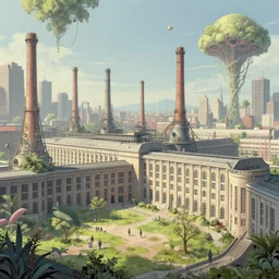 a beautiful detailed illustration of city penitentiary industrial architecture by robert venturi, otherworldly fantasy at spring alien nature, archdaily, wallpaper, highly detailed, trending on artstation.