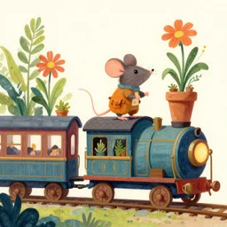 adventurer mouse travelling on a steampunk vaporwave train with potted plants. complementary colors, gouache, indie concept art, bloom, chiaroscuro, backlighting, intricate details.