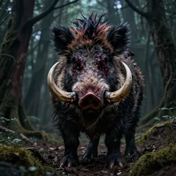scary monster wild boar god with bloody eyes and many tusks, in dark woods, dim colors, forest, highly detailed illustration, masterpiece, fantasy, magical, hyperdetailed, realistic, witch fairytale, 4 k, 8 k, highly detailed matte painting, dungeons and dragons
