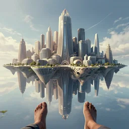 first person perspective digital illustration of a perfectly symmetrical floating city by beeple and Roger Dean:1|fantasy, horizontal symmetry, cinematic, architectural design by Frank Gehry:0.9|Unreal Engine, Octane, finalRender, devfiantArt, artstation, artstation HQ, behance, HD, 16k resolution:0.8